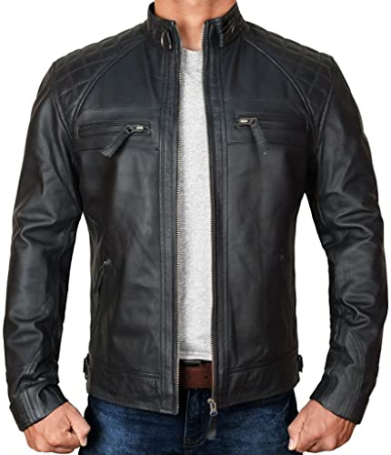 Giacca da moto in pelle da uomo - Slim Fit Moto Racer stile invecchiato moda senza tempo per uomo con dettagli trapuntati con diamanti, Nero - Diamante, M