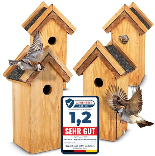 4 Stück Oramics Nistkasten Vogelhaus mit echtem Bitumen Dach zum Aufhängen – Kiefernholz Vogelhäuschen für Wild- und Gartenvögel – wetterfestes und langlebiges Nisthaus, ideal für Meisen