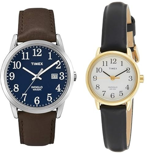 Timex Easy Reader Men's 38mm Brown Leather Strap Date Window Quartz Watch TW2P75900 & Easy Reader Women's 25mm Leather Strap Watch T20433