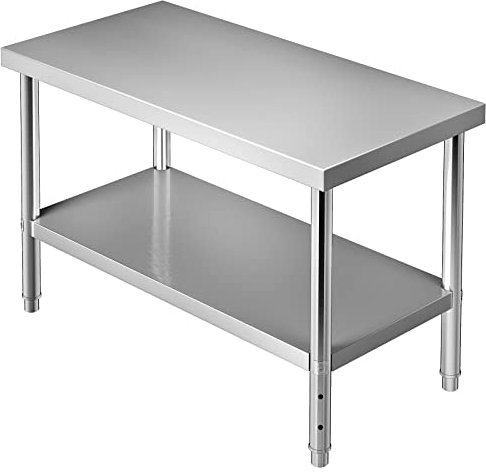 VEVOR Tavolo di preparazione in acciaio inossidabile, 48 x 24 x 34 pollici, capacità di carico di 550 libbre Tavolo da lavoro in metallo resistente con ripiano inferiore regolabile