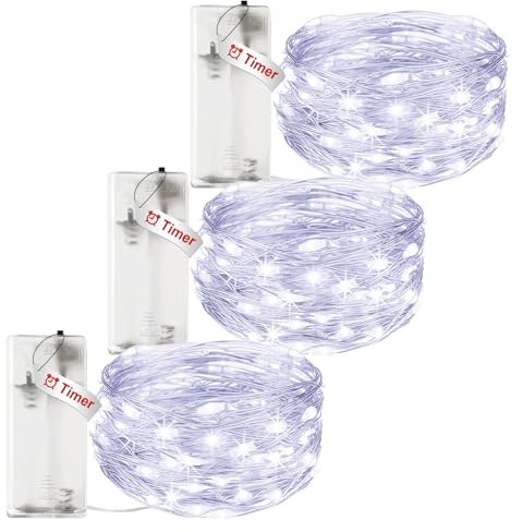 litogo 3 Stück Lichterkette Batterie Timer, 3M 30 LED Lichterkette Innen | IP65 Wasserdicht Kupferdraht, Lichterketten Batteriebetrieben (AA Batterie) für Party Hochzeit Weihnachten Deko, Kaltes Weiß