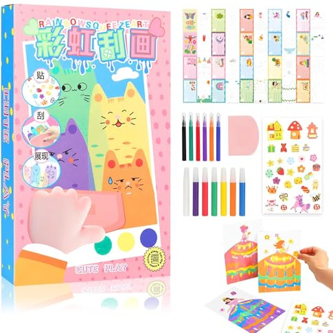 Dongcill DIY Regenbogen Kratzkunst Set,Kreatives Rainbow Scratch Painting,Regenbogen Kratzmalerei für Geburtstage, Weihnachten und Partys