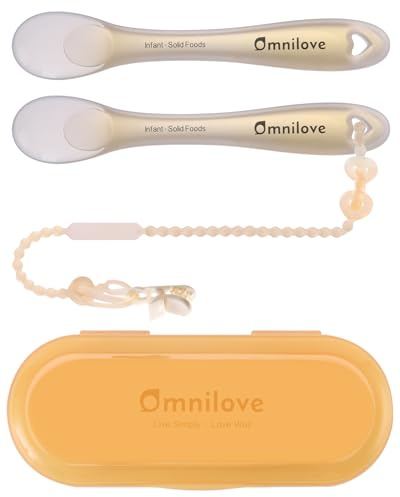 Omnilove Silicone Baby Spoons 2-Pack with Case, Self Feeding 6 Months, Baby Led Weaning Supplies, Toddler Utensils with Safety Chain, Toddler Essentials, Dishwasher Safe Baby Safety Products