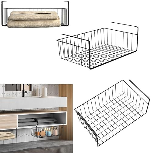 Froadp Juego de 2 cestas colgantes para debajo de la estantería, organizador de armario de metal negro, montaje sin herramientas, ideal para cocina, despensa, baño, oficina, armario, diseño abierto