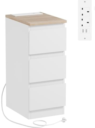 Menaka 25CM Narrow Bedside Table 3 Drawers Cabinet with Charging Station, Slim Side Table Bed Nightstand with 2 USB Ports & Power Sockets for Bedroom Living Room