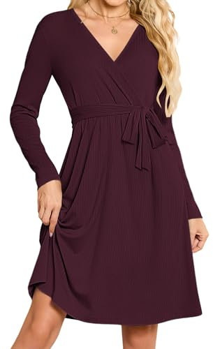 MOLERANI Abito Maglione da Donna con Maniche Lunghe e Scollo a V Abito Maglione Lavorato a Maglia Abiti Midi Eleganti con Tasche Rosso Vino XL