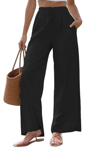 JiaYouLC Women Linen Trousers with Pockets Summer Wide Leg Casual Pants High Waisted Drawstring Trousers for Sports Running Joggers (UK, Alpha, S, Regular, Regular, Black)