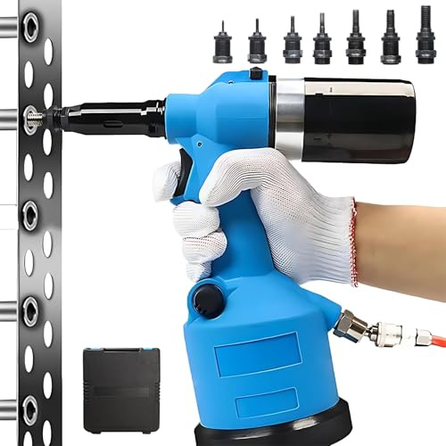 Air Hydraulic Riveter Machine, Heavy Duty Rivet Nuter Set with 7 Types of Nozzles Rivets, 19.1KN Pneumatic Rivet Insert Installation Tool, Adjustable Stroke, for M3 M4 M5 M6 M8 M10 M12