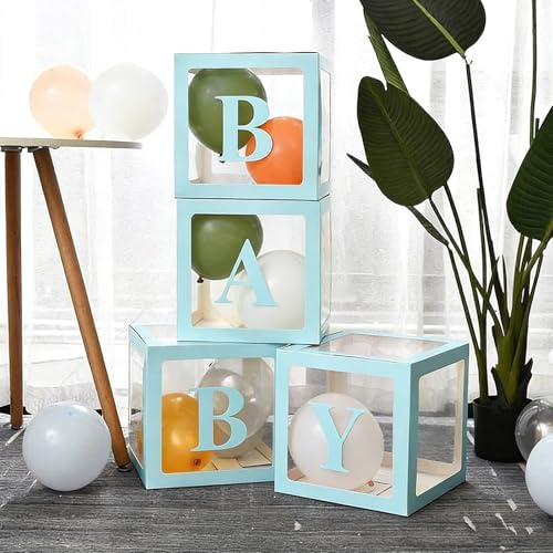 Baby Shower Balloon Boxes Decorations for Boys - 4PCS Blue Transparent Boxes with 27 Letters 30 Green&White&Champagne Balloons, Baby Boxes for Baby Shower,Birthday, Prom Decoration