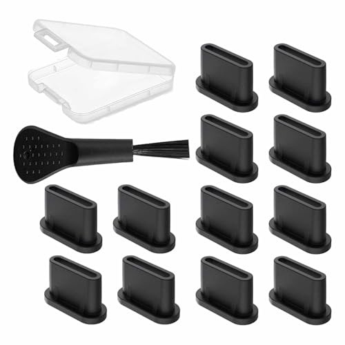 12Pcs USB C Dust Plug Port Cover, Silicone Type-C charger protector for iPhone 15 16 Plus Pro Max and all Types of Phones and Tablets with Type-C Port with Cleaning Brush and Storage Box,Black