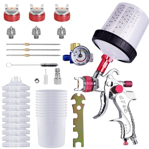 HVLP Lackierpistole Set-Spritzpistole mit 10 Einwegbechern(600ml) und Manometer, Auto-Spritzpistolen-Set mit 3 Düsen(1.4/1.7/2.0 mm),Farbmischung, Schnellbecher für Zuhause