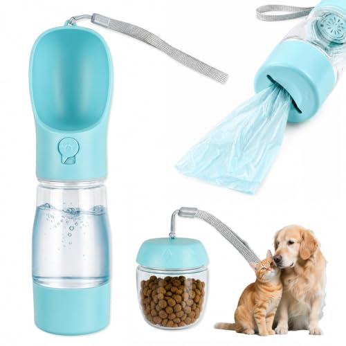 Cozlly Gourde Chien Portable 300ml Anti-Fuite, Gamelle Intégrée avec Récipient de Nourriture 100g et Distributeur de Sacs à Caca, pour Chiens, Promenades et Activités en Plein Air