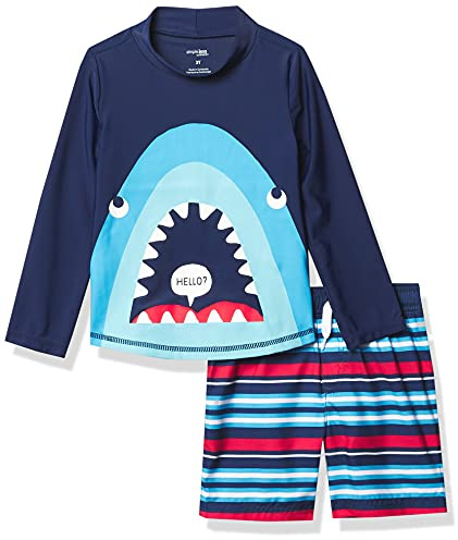 Simple Joys by Carter's Toddlers and Baby Boys' Swimsuit Trunk and Rashguard Set, Navy Shark/Red Stripe, 4 Years