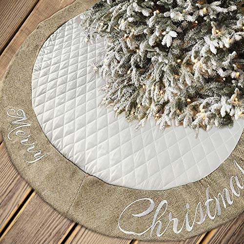 AISENO 122,9 cm Weihnachtsbaumrock Weiß Dicke Luxus Gesteppte Baumwolle mit Sackleinen Dekoration für Merry Christmas Party Weihnachtsbaum Rock Dekorationen