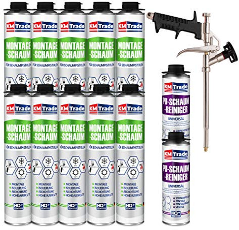 KM Trade Bauschaum-Set - Inkl. 10x 1K Montageschaum (je 750 ml), 1x Schaum-Pistole & 2x PU-Schaum-Reiniger (500 ml)