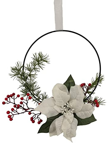 2472U Dekoring White Christmas weiß-rot naturgetreue Blüten im Metallring ca. 33cm Ø mit Organzaband zum Aufhängen - Gesteck aus Weichnachtsstern weiß, Beeren rot, Zeder-Tanne