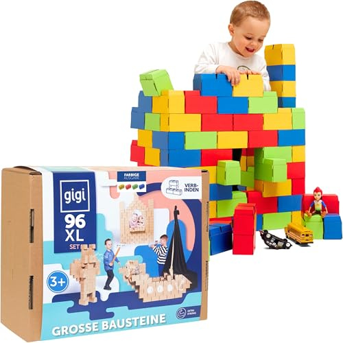 GIGI BLOKS 96 Colorati Mattoncini Costruzioni Grandi per Bambini XL Impilabili & Incastro | Cartone Blocchi Costruzioni per Bambini Robusti e Facili da Montare | Grandi Giochi Montessori Educativi