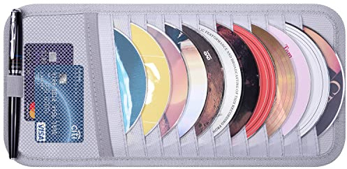 wisdompro Car CD Case Holder, Sun Visor CD Holder with 12 DVD Sleeves, Gray | CD Storage for Car Vehicle, Sun Visor Organizer Disc Wallet, Sunvisor Pouch with 1 Mesh Pocket, 1 Pen Holder & Elastic Strap