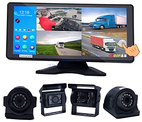 HD 1080P Vehicle Backup Camera Monitor System,4 x Front Side Rear View Parking Back Up Reversing Wired Camera +10.36 inch 4CH Split Touch Screen MP5 DVR RV Bus Truck Trail 5th Wheel