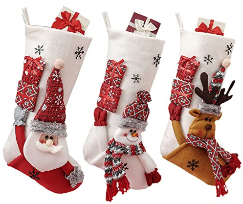 19-Inch Large Velvet Christmas Stockings Pack of 3, Santa, Snowman & Reindeer Fireplace Hanging Stockings, Plush Velvet Christmas Stockings, Plush Christmas Stocking with 3D Figurines & Snowflake