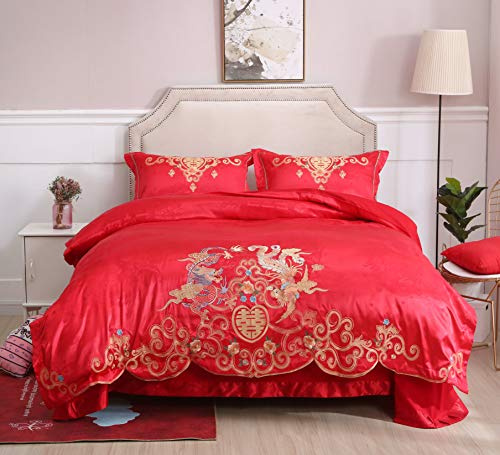 I-MART Chinese Wedding Bedding Set King 4Pcs – Red Satin Sheets with Dragon & Phoenix Embroidery, 100% Cotton Satin, Duvet Cover & Flat Sheet, No Filler