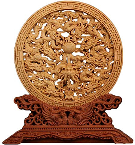 Estatua de Bandeja de Pantalla Plegable Fengshui Tallada en Madera de boj Natural (Royal 9 Dragon 1#)