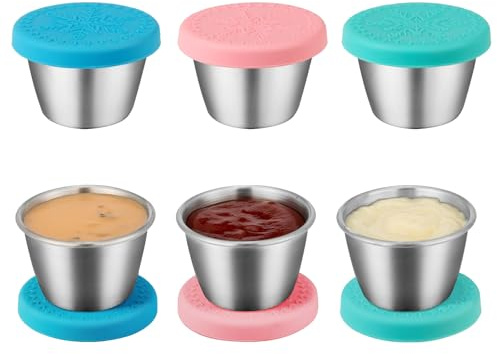 Freshmage [6 Pack 2.4oz] Stainless Steel Dressing Container with Silicone Lids, Reusable Leakproof Condiment Containers Small Sauce Container Sets