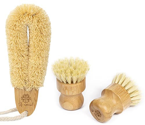 Bamboo Dish Brush - Set of 3, Natural Plant Fiber Kitchen Dish Scrubber No Odor, Easy to Brush Off Stain, for Cleaning Pots, Pans, Vegetables and Kitchen Sinks