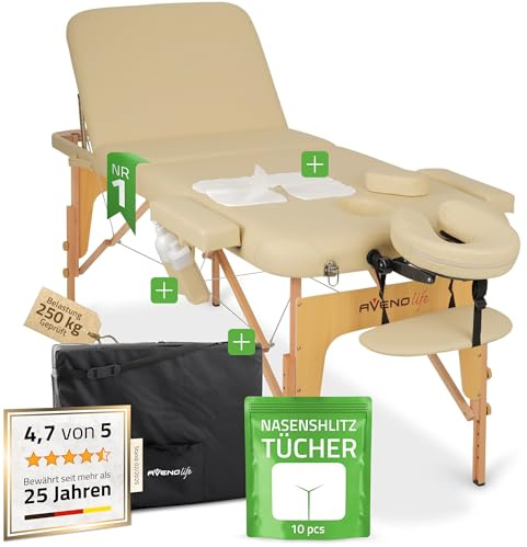 HABYS Massageliege Klappbar aus Holz mit 3 Zonen 185×70cm, Bianca | Massage Liege Verstellbarer Rückenlehne 48°, Massagetisch Klappbar mit Kopfstütze und Tragetasche Massagebett bis 250 kg