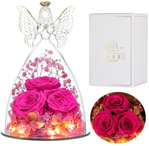 Eaprala DREI Konservierte Rosen Geschenk in Glas Engelsfiguren, Geburtstagsgeschenke für Frauen, Engel Geschenke für Sie auf Jahrestag,Weihnachten,Valentinstag.Heißes Rosa