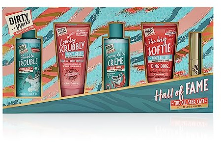 Dirty Works Hall Of Fame, Weihnachtsgeschenk, Rock Rose, Neroli und Jasmin ätherische Öle, Körperpeeling, Körperbutter, Duschgel, Schaumbad