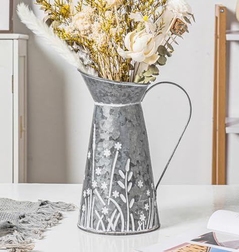 Pichet Vintage en Métal Galvanisé - Vase à Fleurs Rustique avec Poignée, Décoratif pour Intérieur, 27 cm de Hauteur