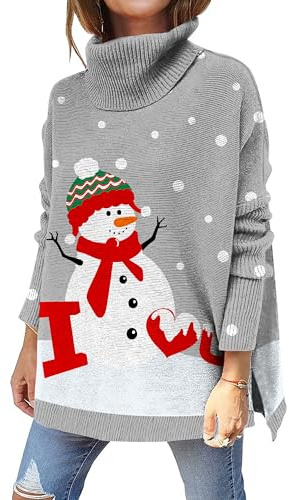 Kids4ever Jersey navideño para Mujer Jersey de Punto con Cuello Alto y Manga Larga con Estampado de muñeco de Nieve Jersey navideño Suelto con Dobladillo Dividido Gris XL