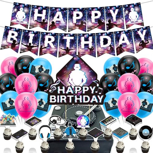 DJ Party Decorazioni Musica DJ Compleanno Party Forniture Include DJ Compleanno Banner Cake Topper Cupcake Toppers Palloncini per Rock DJ Party Decorazioni