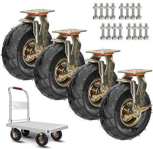 SAGIDAR 4 Stück Transportwagen Gummiräder, Geräuschlose Schwerlast Räder, Lenkrollen Ø 8Zoll/10Zoll, Industrierollen Schwerlast, Pannensichere, Tragkraft 200kg, Luftbereift Für Trolleys