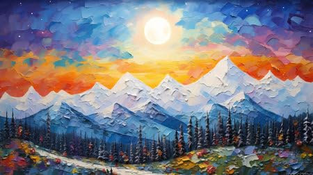 adrium Acryl-Bild 90 x 50 cm: Ölgemälde-Stil mit Bergen und Wald bei Sonnenuntergang. Moderner Impressionismus. (209767766)