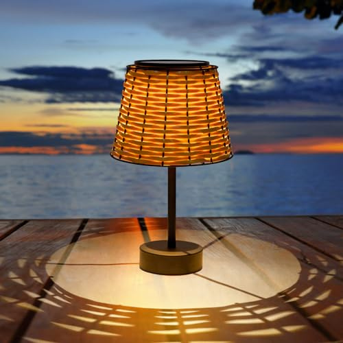 Livinlarge Solar Table Lamps for Outside,Handmade Rattan Woven LED Desk Outdoor Lamp Waterproof Boho Decoration for Garden,Yard,Patio,Porch,Trees,Lawn,Pathway(Austin Natural Brown)