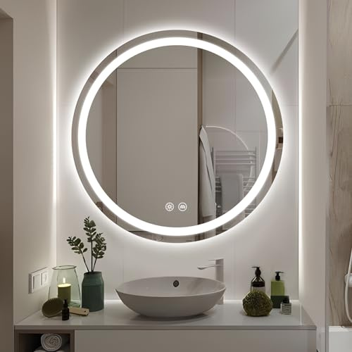 GOQELK Runder Badezimmer Spiegel LED 600 mm, HD-gehärtetes Glas Badezimmer Spiegel, LED-Badezimmerspiegel, beleuchtet, Wandmontage, Kosmetikspiegel mit Demister, 3-farbiges dimmbares