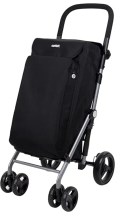 Carlett - Pack Lite Duo | Chariot de Courses + Crochet Cadeau | Chariot Pliable pour Supermarché | 4 Roues | Poignée Réglable en Hauteur | Sac Extensible 48L | Sac Isotherme 10L | Noir