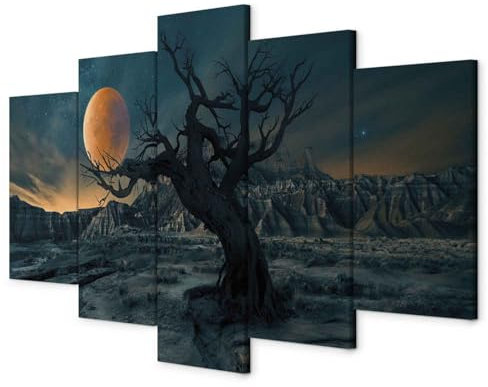 murando - Akustikbild Baum 200x100 cm Bilder mit Akustikschaumstoff Hochleistungsschallabsorber Schallschutz Leinwandbild XXL 5 tlg Wandbild Mond Landschaft Gebirge c-C-0286-b-n