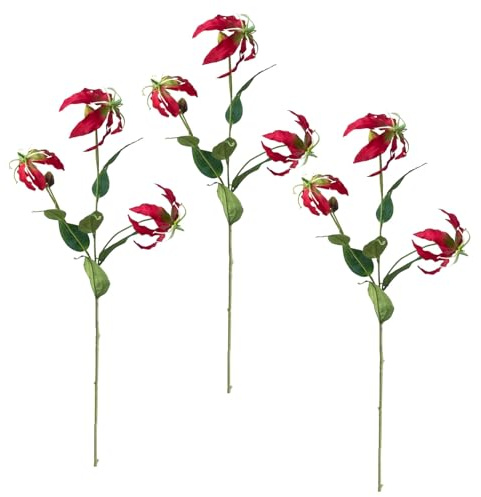 BEIJIALY 3 Stück Kunstblumen-Spray, Fühlt Sich Echt An, Kunstblumen-Spray, Künstliche Gloriosa-Lilienblumen, Künstliche Flammen-Lilienblumen, Frühlingssträuße, Künstliche(Rot)