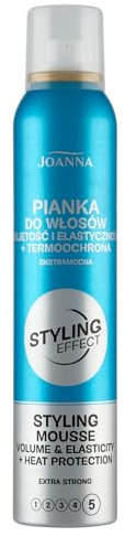 JOANNA Styling Effect - Espuma fijadora de 150 ml, espuma para el cabello para volumen y elasticidad, protege contra el calor y la deshidratación, agarre flexible sin pegarse ni apelmazarse