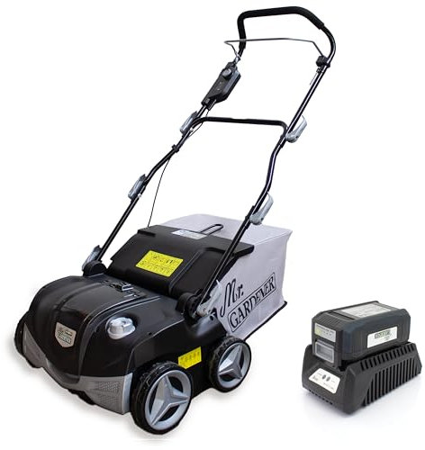 Mr. Gardener - 40V Akku Vertikutierer Rasenlüfter bürstenloser Motor 4038-2 Li - inkl. 2,5 Ah Li-Ionen Akku und Ladegerät - 38 cm Arbeitsbreite - Messerwalze + Lüfterwalze - 5 Stufen Höhe