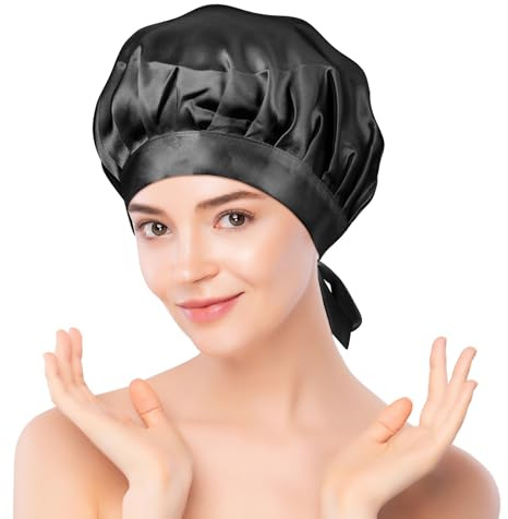 Fentar Schlafhaube Seide, 100% Natürliche Maulbeerseide Seidenhaube zum Schlafen, Atmungsaktive Silk Bonnet, Anti-Rutsch Schlafmütze mit Band, Elastische Haarhaube für die Nacht Lockiges Lange Haare