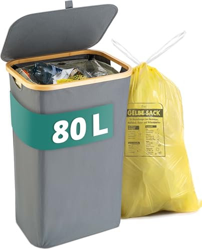 HOMELYN Supporto per sacco giallo, 80 l, grigio, stabile supporto per sacco della spazzatura, facile rimozione tramite porta sul retro, extra per sacchi gialli, bidone della spazzatura, contenitore