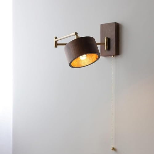 Wandleuchte Innen Wandlampe Wandleuchte im Landhausstil mit schwenkbarem Arm, Wandhalterung mit An-/Ausschalter, Zugkette, verstellbar, Vintage-Holz, rustikale Wandlampe for Schlafzimmer, Kopfteil, Wo
