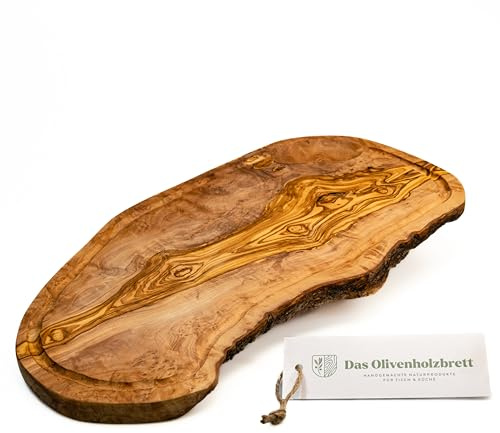 DAS OLIVENHOLZBRETT Tagliere in legno d'ulivo con scanalatura per succhio/tagliere in legno d'ulivo/bistecca/tagliere in legno d'ulivo, taglio naturale, circa 55-59 cm di lunghezza, 25-30 cm di