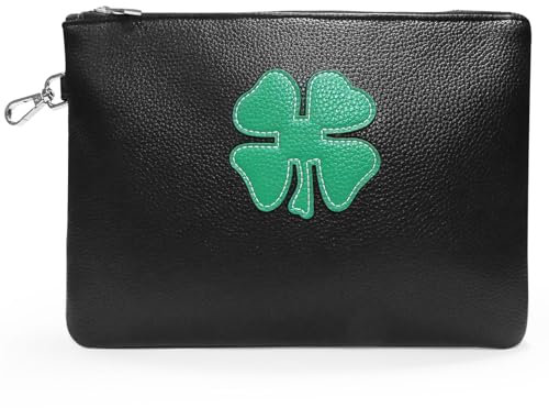 FINGER TEN Golf Tee Bag Pouch für Damen und Herren aus Leder Wertgegenstände Packung mit Kleeblatt Reißverschlusstasche Haken mit Gear Clip Zum Anbringen an Der Tasche (Schwarz)