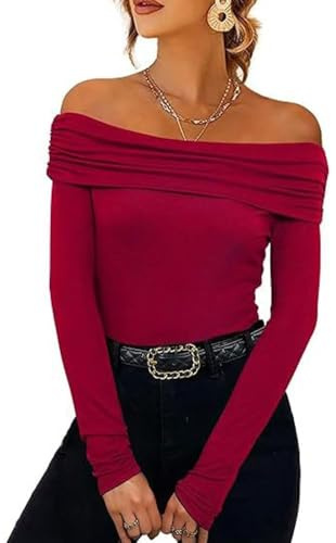 SHEKINI Haut à manches longues pour femme, coupe ajustée, épaules dénudées, haut tendance et décontracté, rouge vin, L