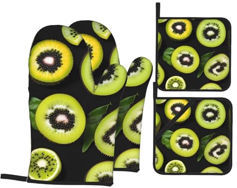 YYHWHJDE Set di 4 guanti da forno e presine con stampa kiwi verde: spessi e resistenti, antiscottatura e termoisolanti